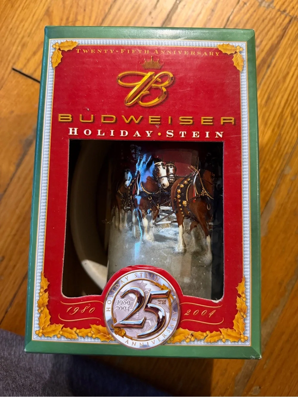 Budweiser Red and Green Holiday Stein with Clydesdales